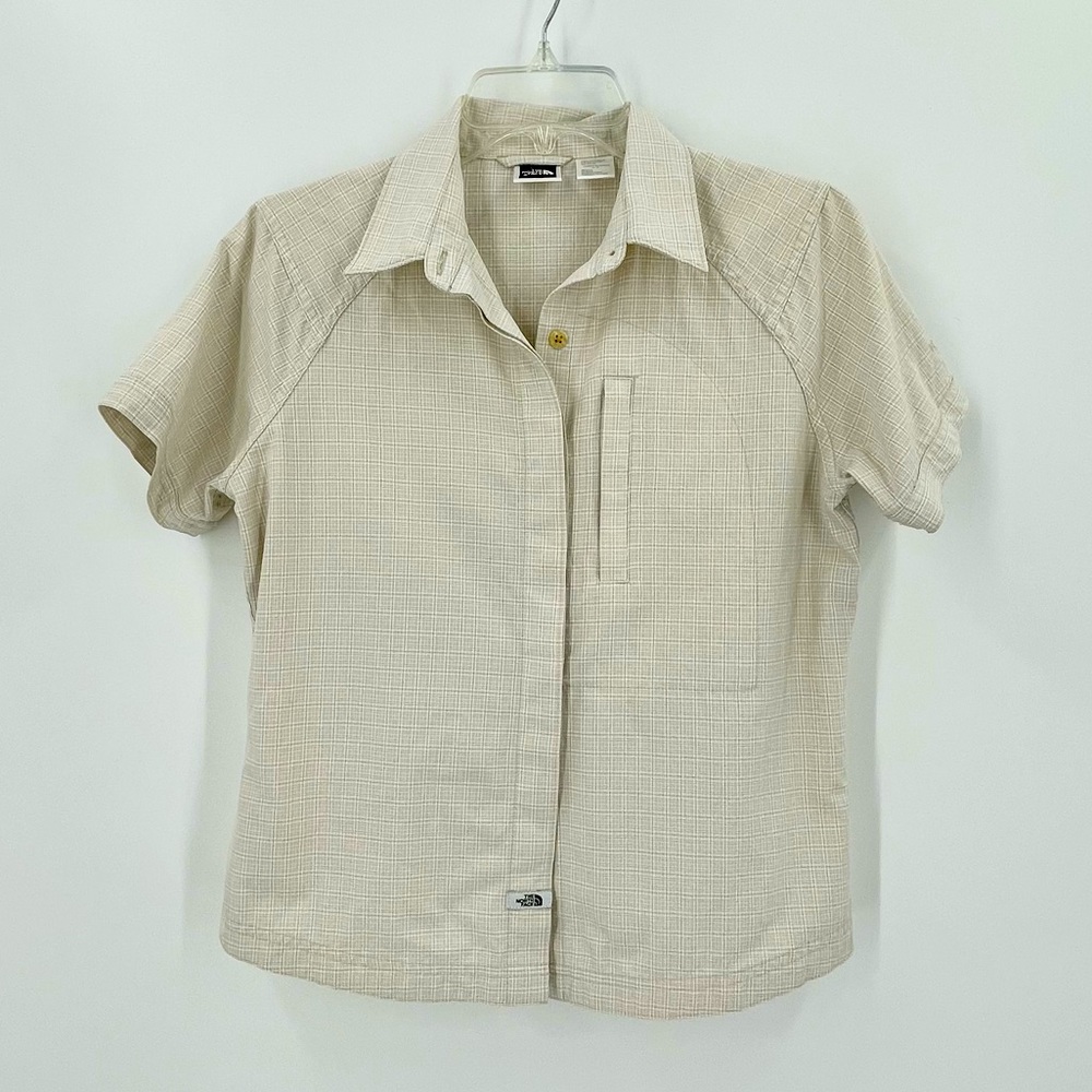* The North Face Button Down Short Sleeve Striped Khaki Shirt With Zipper Pocket